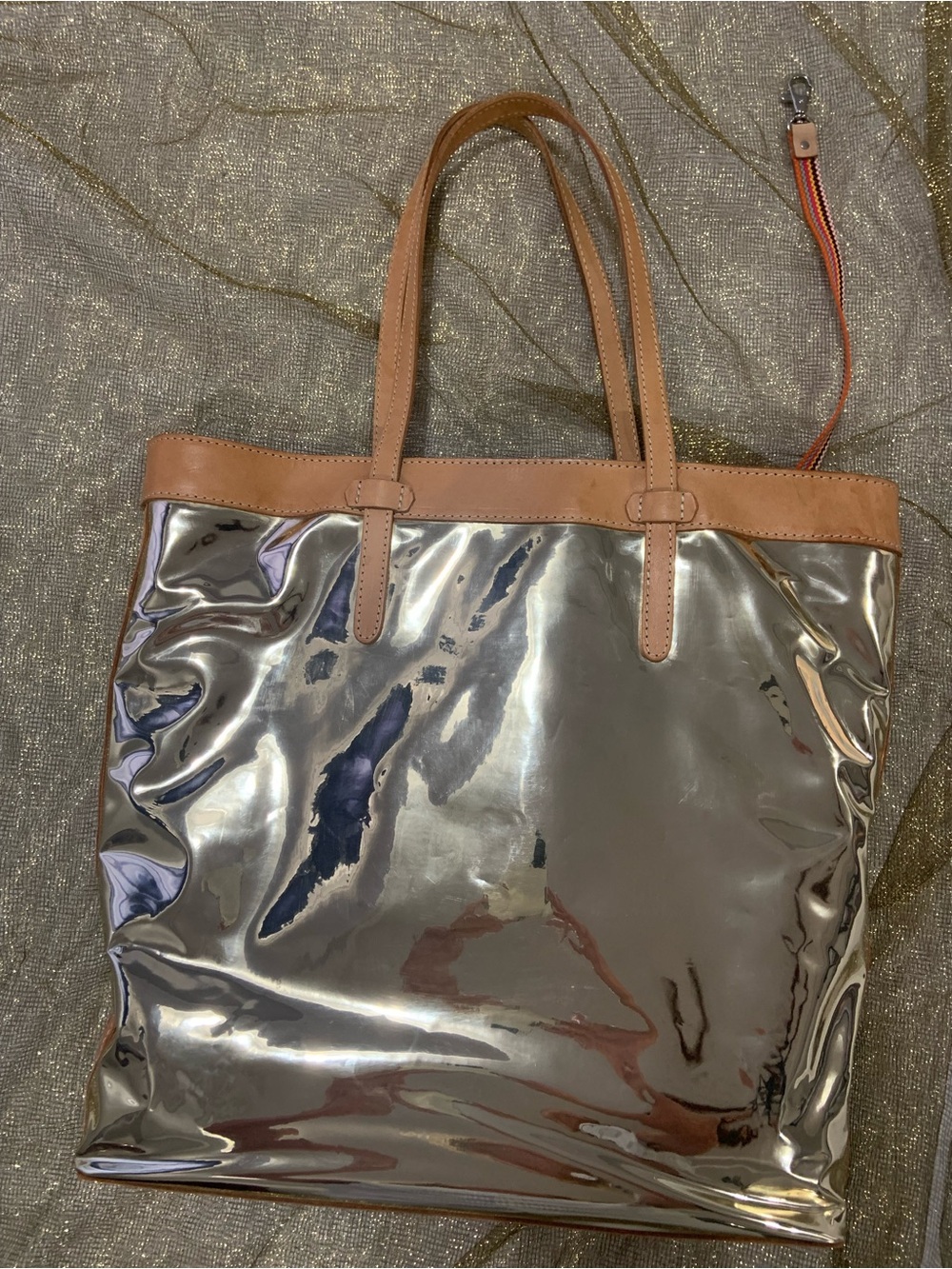 Consuela Shiny Gold Tote with Tan Trim - Picture 4 of 14